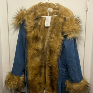 Aofur XXXL Women's Winter Mid-Length Denim Hooded Parka Coat Faux Fur Trim NWT
